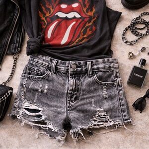 Black Acid Wash Denim Shorts Womens Size 6 Distressed Cutoff High Rise